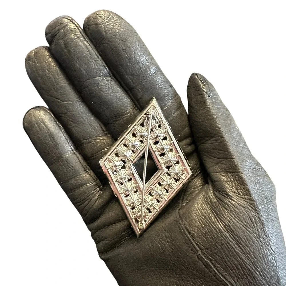VTG Aurora Borealis Silvertone Brooch Diamond Shape‎ AB Rhinestone Pin 1950s MCM